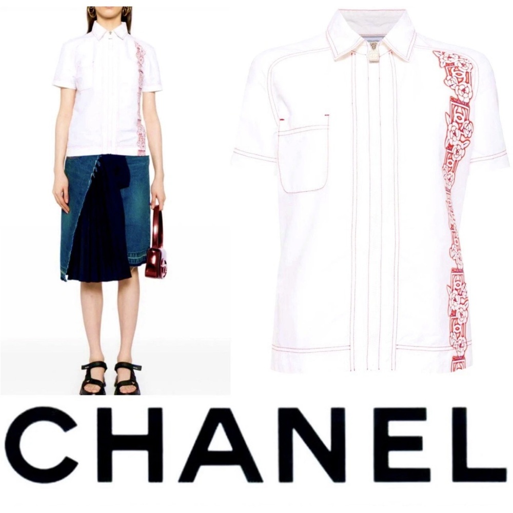 CHANEL White Blouse with Red Detailing